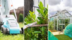 composite of mowing, pruning and a urban greenhouse in a garden