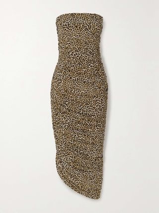 Diana Strapless Ruched Asymmetric Leopard-Print Stretch-Jersey Midi Dress