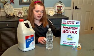 Kathleen Quinn shows the "slime" ingredients: glue, water and borax.