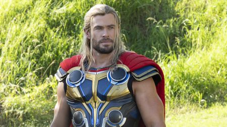 Thor (Chris Hemsworth) looks ahead in Thor: Love and Thunder.