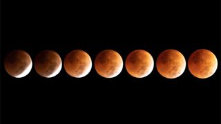 A row of moons showing the color change during a lunar eclipse, as the moons start on the left with a dark brown color and slowly become redder and brighter until the very right moon which is the brightest and reddest.