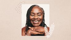 Vertical image of smiling woman with eyes shut, set against a beige background, with a leaf motif in the bottom right corner and polka dots behind the top left corner