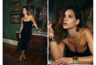 Actress Adria Arjona wearing a strapless black dress and gold Tiffany 
Co. jewelry forBest Knockoff Luxury Clothing
's cover shoot.