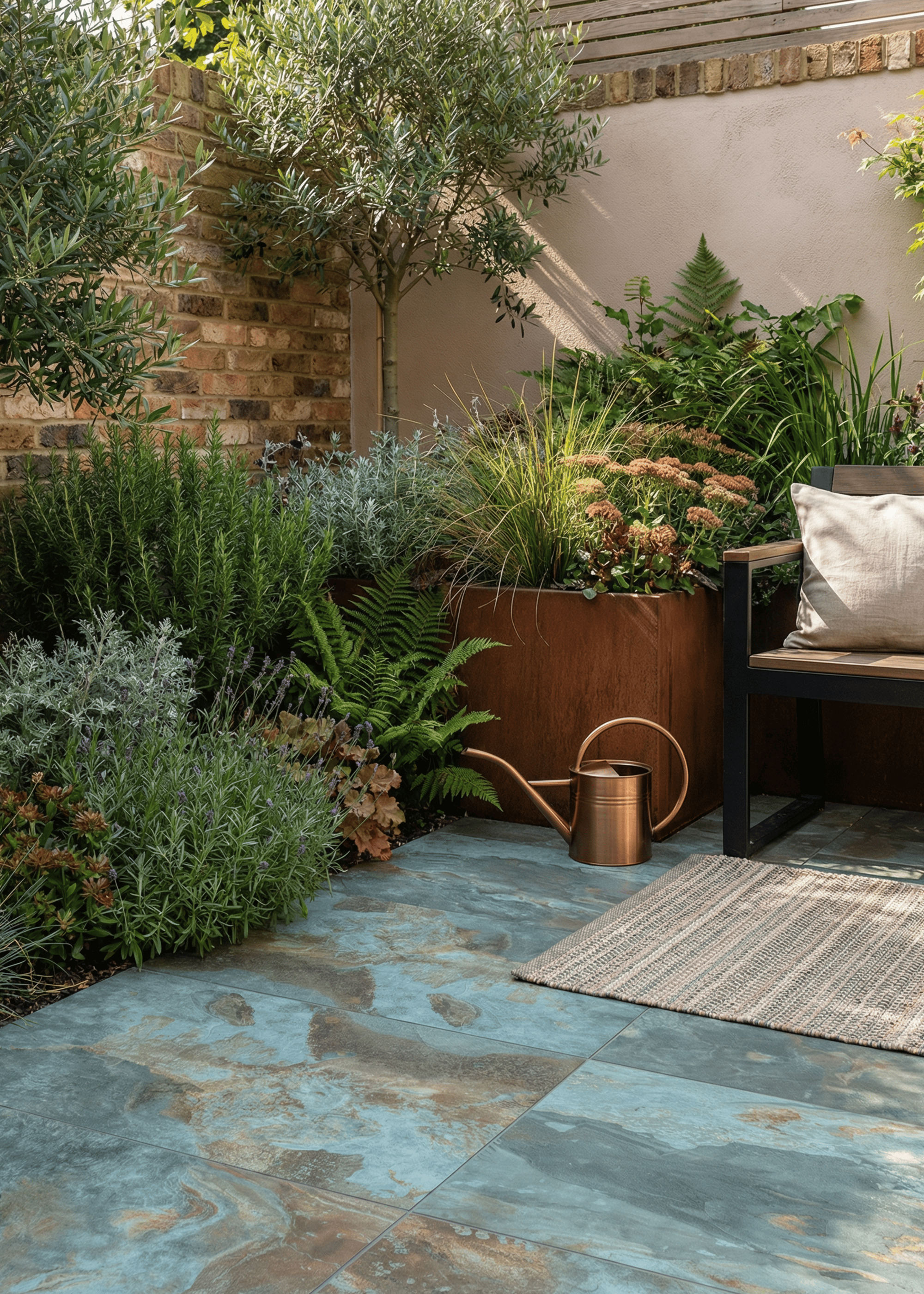 courtyard garden with verdigris pavers, olive trees and raised planter filled with lush plants and flowers