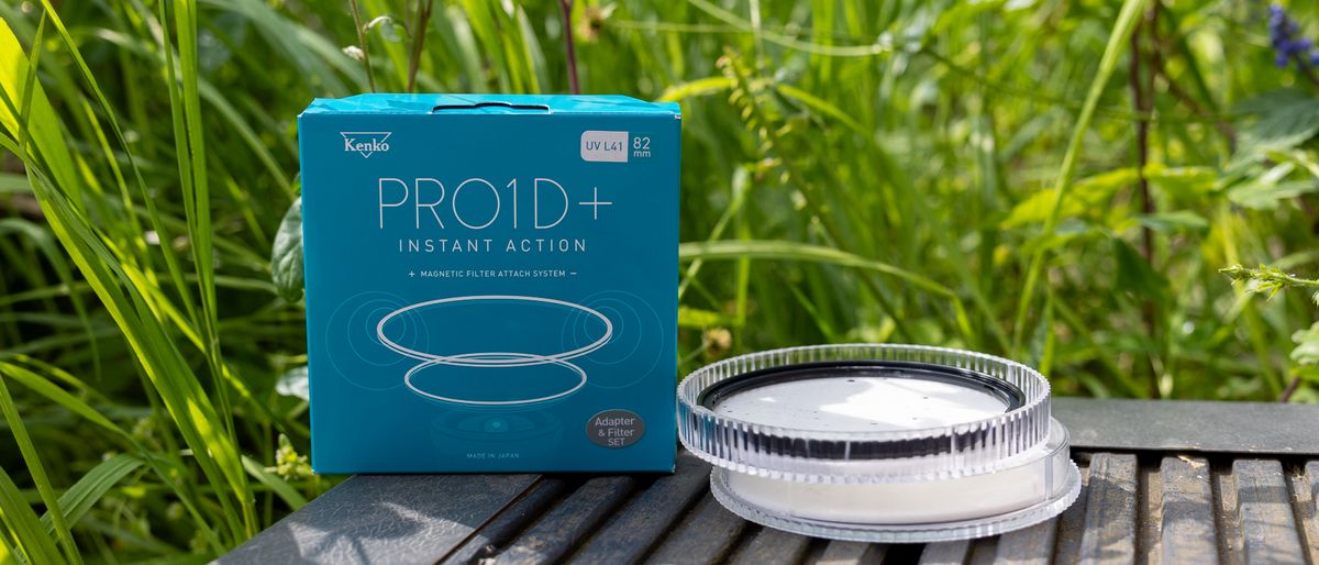 The Kenko PRO1D+ UV filter next to the box in the sun