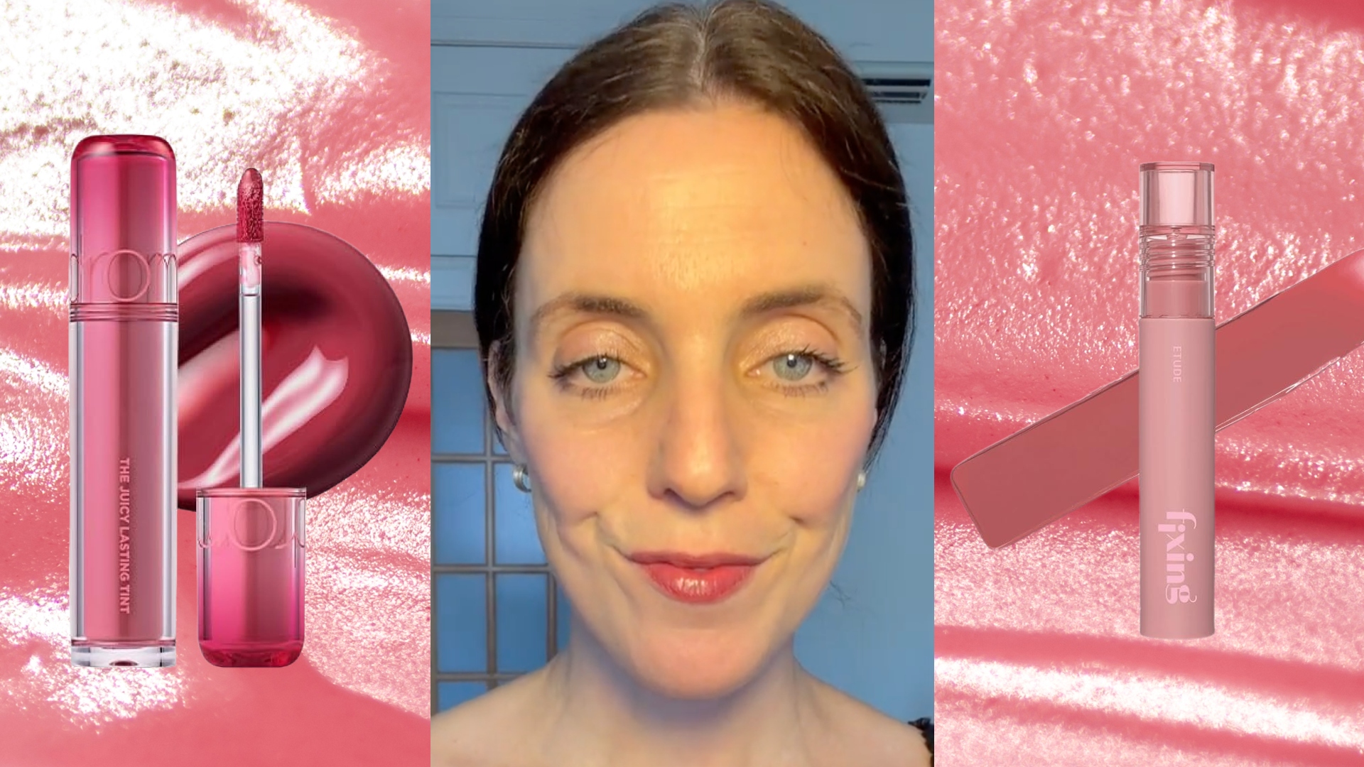 woman with brown hair pulled back in a bun wearing a pink lip tint on a pink glossy background and next to two pink korean lip tint bottles.