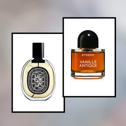 Product collage of Le Labo Thé Noir 29 Eau de Parfum, BYREDO Vanille Antique Parfum Extract, Maison Margiela 'REPLICA' When the Rain Stops, Diptyque Orphéon Eau de Parfum in white squares with black border on grey, white, and blue gradient background 