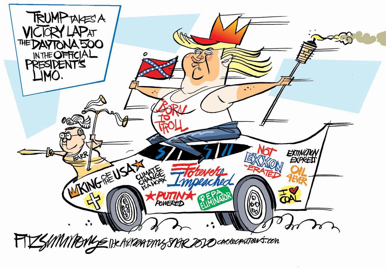 Political Cartoon U.S. Trump NASCAR victory lap Barr