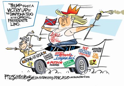 Political Cartoon U.S. Trump NASCAR victory lap Barr