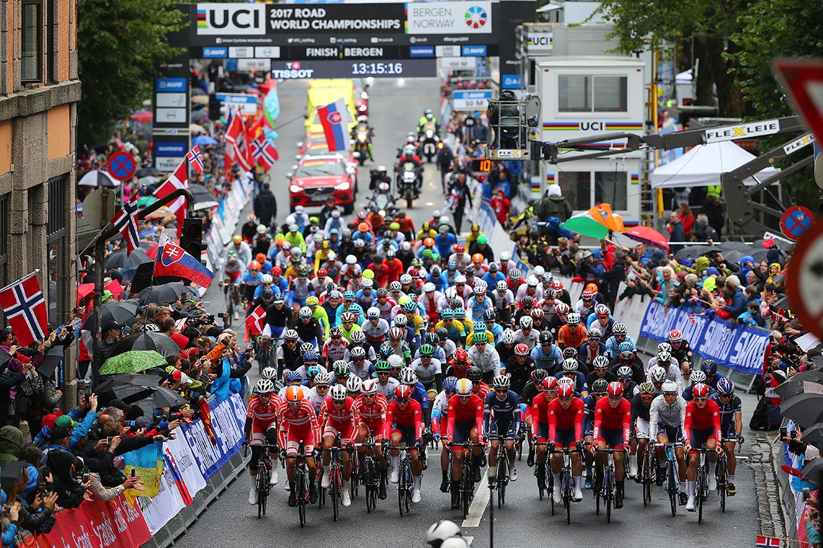Riders at the start/finish line in the men's under-23 road race in Bergen, Norway