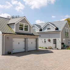 Grey shiplap house with converted garage