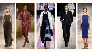 5 models on the runway wearing spring summer trends Max Mara, Hermes, Christian Dior, Saint Laurent, Max Mara