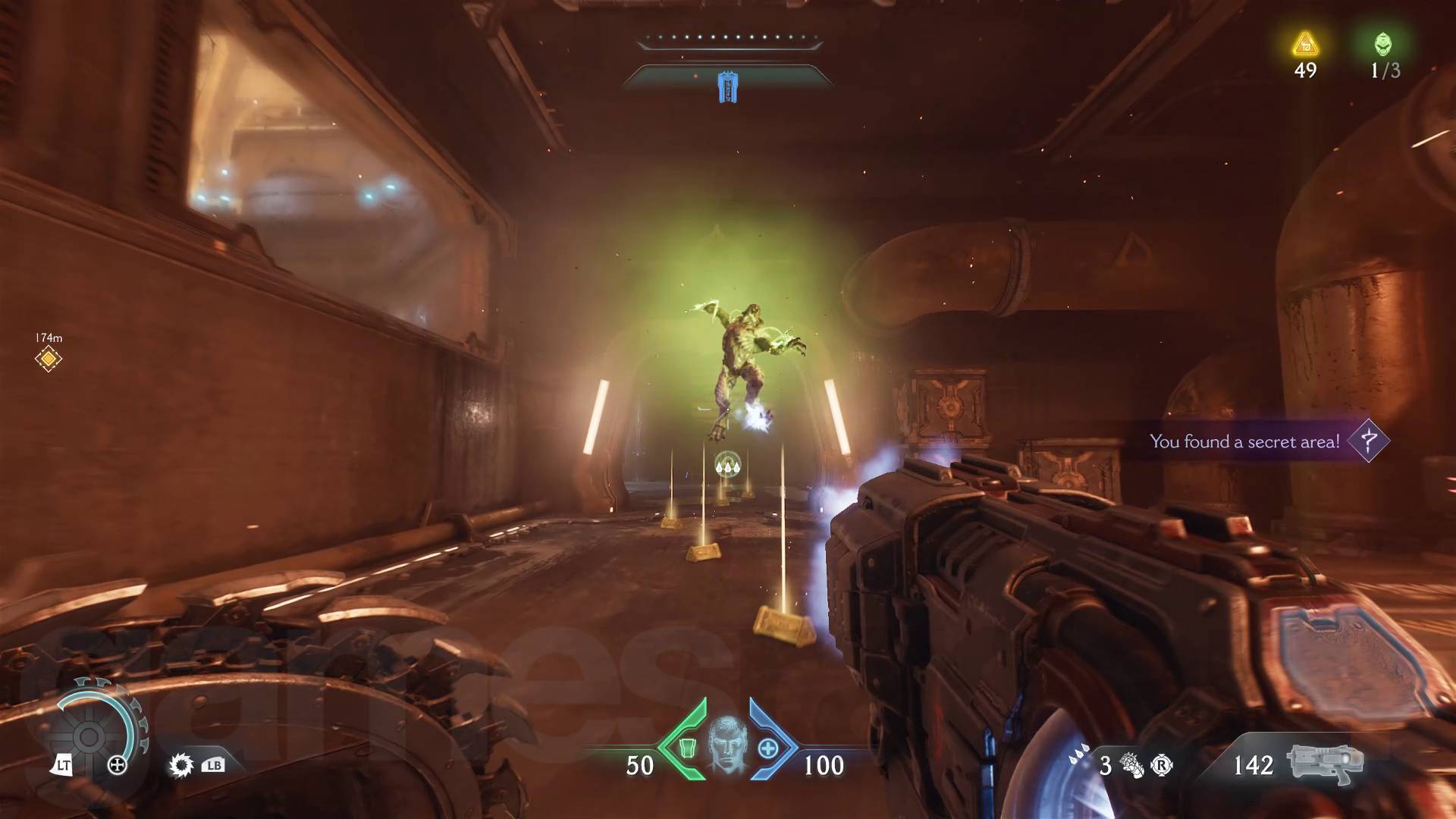 Doom The Dark Ages fire pipe door secret area with gold bars and hell knight breaking through a wall