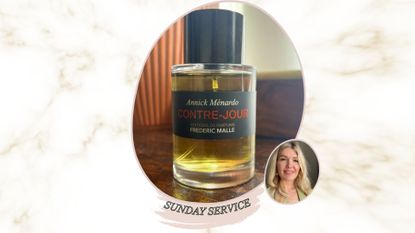 An image of frederic malle contre jour perfume in a black labelled bottle on a wooden surface, next to an image of beauty editor Fiona McKim smiling with blonde hair 