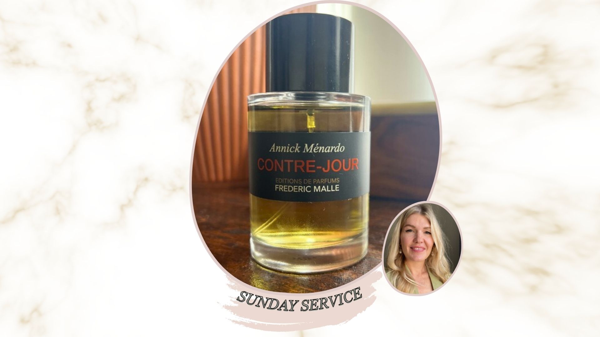 An image of frederic malle contre jour perfume in a black labelled bottle on a wooden surface, next to an image of beauty editor Fiona McKim smiling with blonde hair 