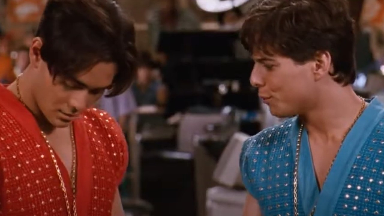 Mark Dacascos and Scott Wolf checking out their new outfits in Double Dragon