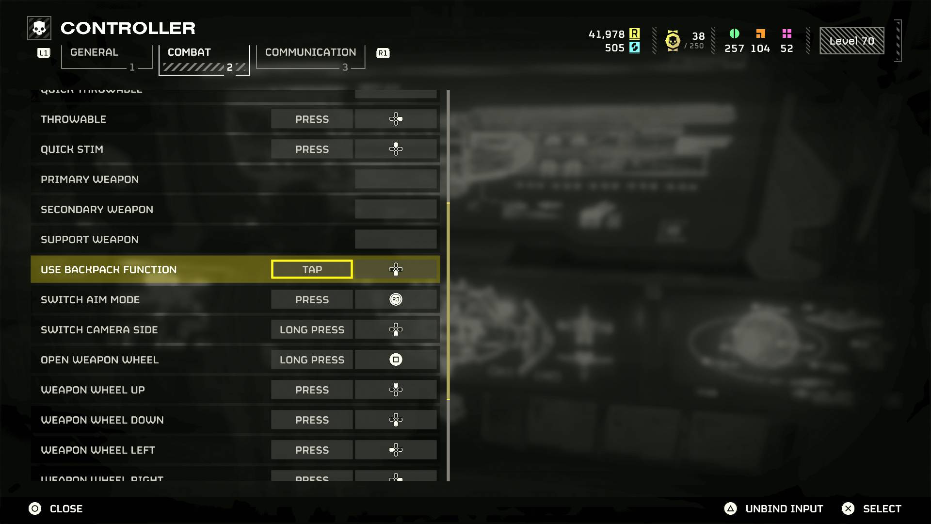 Helldivers 2 use backpack function button binding menu for Supply pack