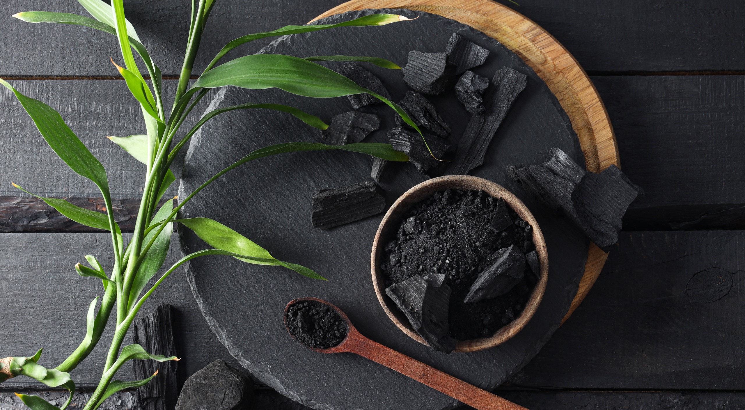 Activated charcoal in wooden bowl and spoon