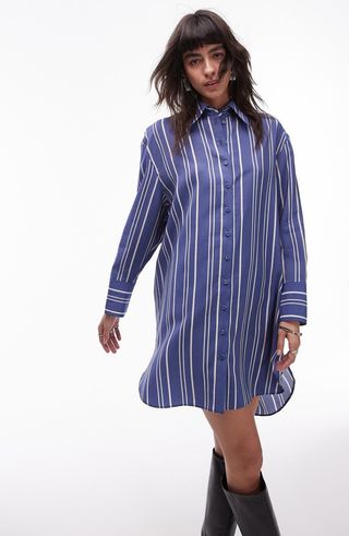 Stripe Long Sleeve Satin Shirtdress