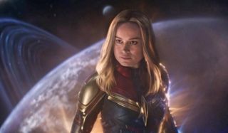Captain Marvel hovering in space
