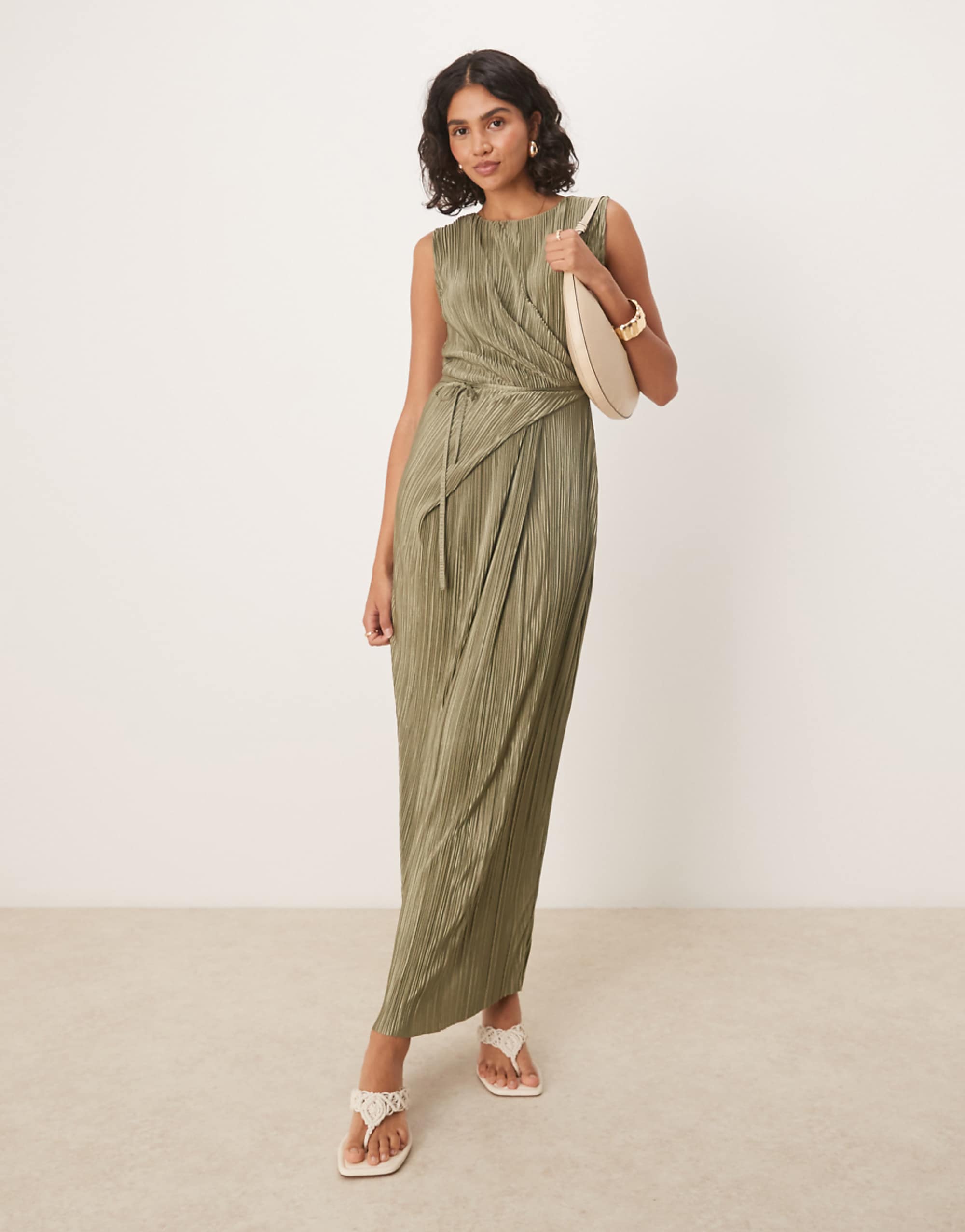 Asos Design Plisse Sleeveless Wrap Tie Front Maxi Dress in Khaki