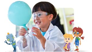 Kide Science experiment with a balloon and a child in a white lab coat