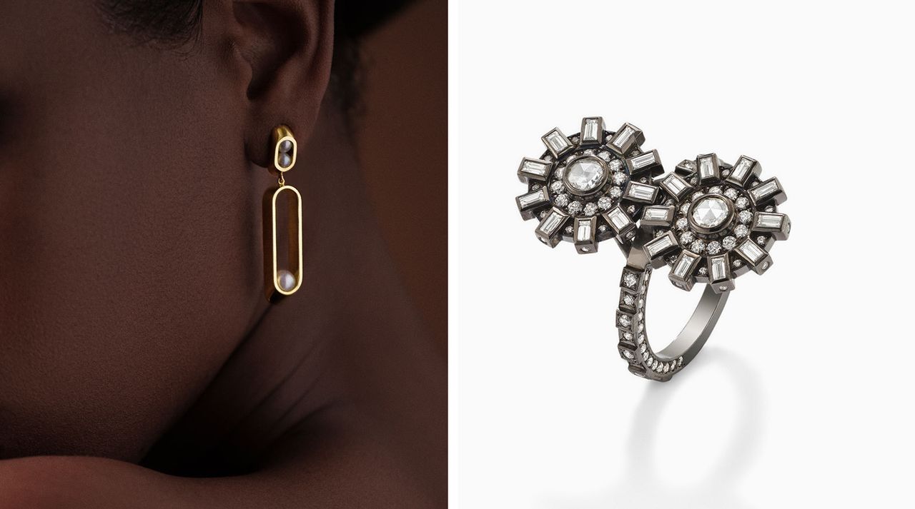 Image of woman wearing an earring with a moving pearl in it next to a diamond cog ring.