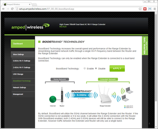 Figure 4: Amped Wireless offers the BoostBand feature, which defaults to using 5 GHz connectivity for communication to the router and falls back to 2.4 GHz when the faster connection is unavailable.