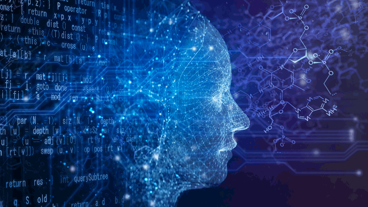AI robot with circuit, chemical structure and program code on a black background