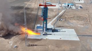 The Chinese company Landspace conducts an engine test with the first stage of its methane-fueled Zhuque-3 rocket in June 2025.