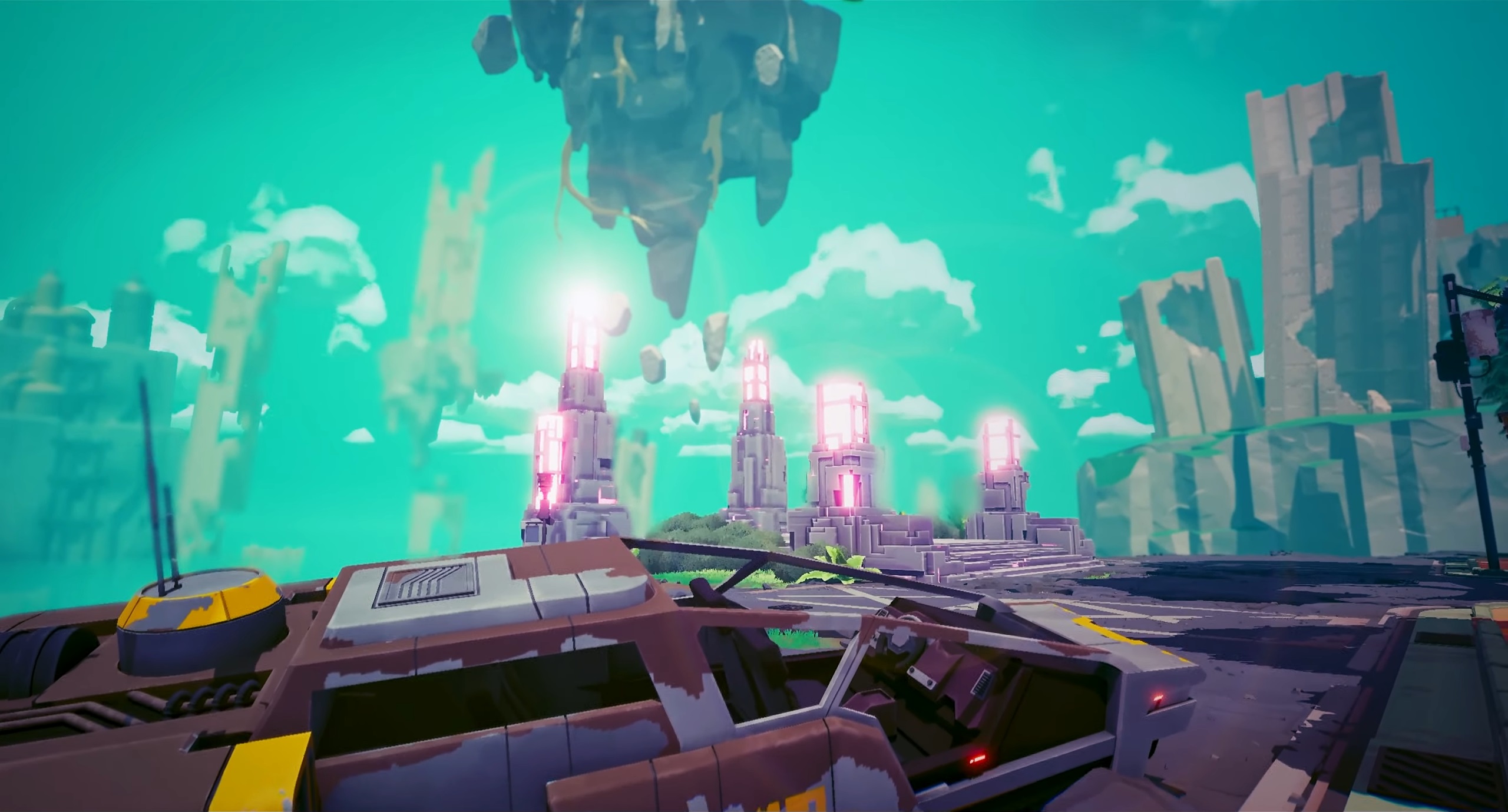 Floating cyberpunk city among teal skies in Hyper Light Breaker