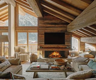 cozy living room with fireaplace in cabin