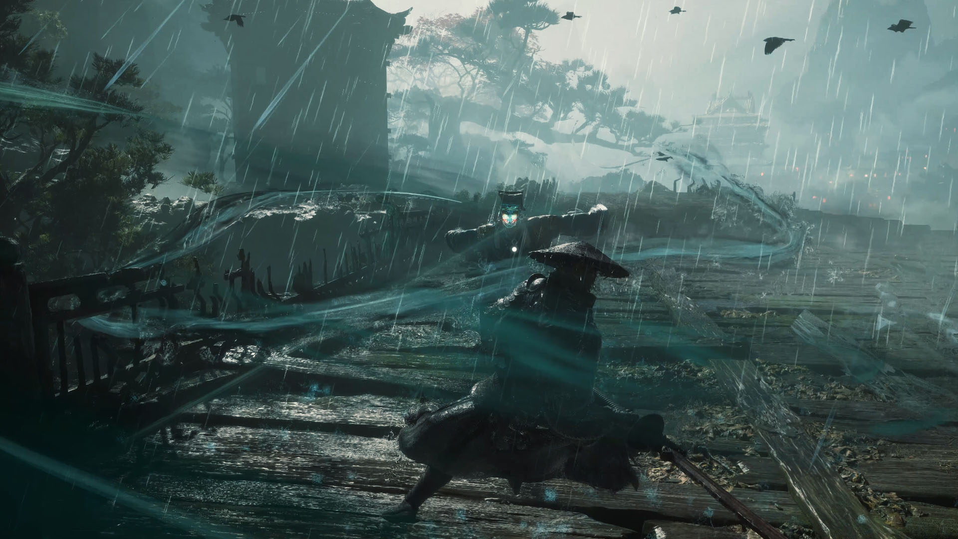 A glowing enemy fights Souls on a bridge in Phantom Blade Zero in the middle of a storm, with rain and wind whipping by