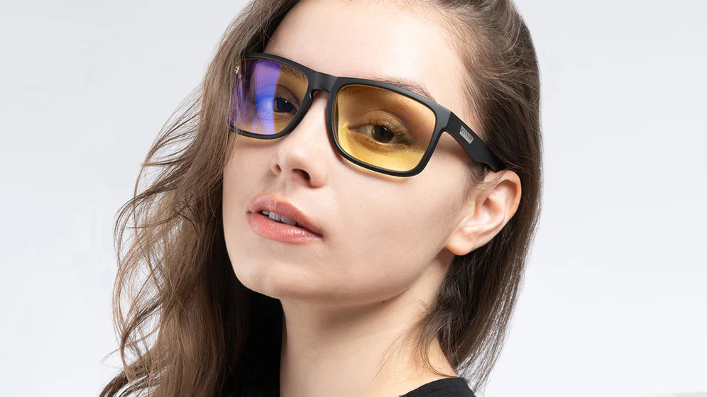 Woman wearing the Gunnar Intercept blue light blocking glasses
