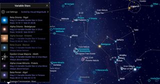 The SkySafari 6 app allows you to search for individual variable stars or highlight the entire list with blue circles. Tapping any star will summon details about its history, appearance and physical properties. This image shows the variable stars in the southern evening sky for 8 p.m. local time in mid-February annually.