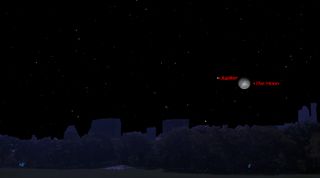 Jupiter and the moon will shine bright together in the east-northeast night sky on Jan. 7, 2015 as shown in this sky map provided by Starry Night Software. 