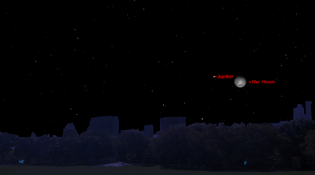 Jupiter and the moon will shine bright together in the east-northeast night sky on Jan. 7, 2015 as shown in this sky map provided by Starry Night Software. 