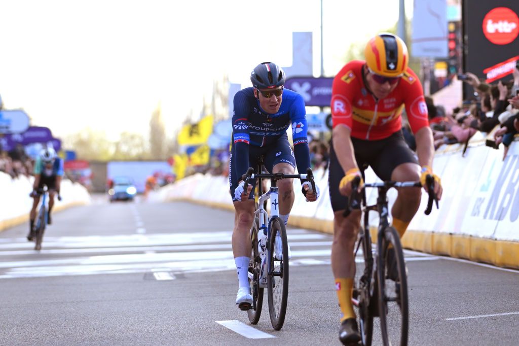 WAREGEM BELGIUM MARCH 27 Stefan Kung of Switzerland and Team Groupama FDJ crosses the finish line during the 78th Dwars Door Vlaanderen 2024 Mens Elite a 1886km one day race from Roeselare to Waregem UCIWT on March 27 2024 in Waregem Belgium Photo by Tim de WaeleGetty Images