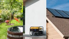 A full wooden water barrel in a lush green garden / A lack and yellow generator in-front of a white external wall / Solar panels on a brown sloped roof