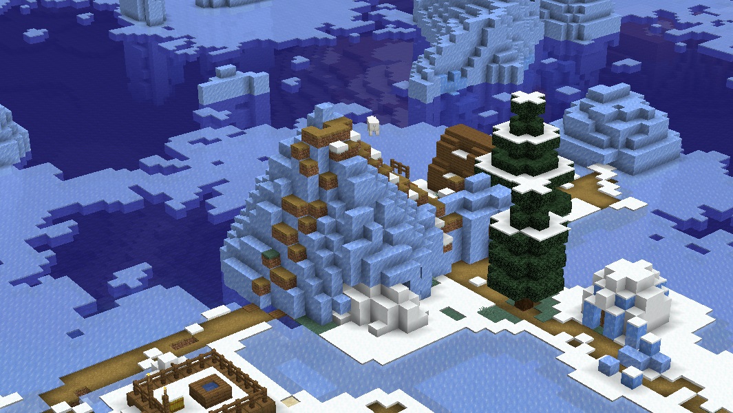 Minecraft - A zoomed in screenshot of a village showing an iceberg with a dirt path that's generated over the top of it.
