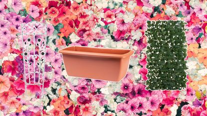 Lidl small balcony furniture buys including a trellis, planter, and balcony privacy on a floral pink background