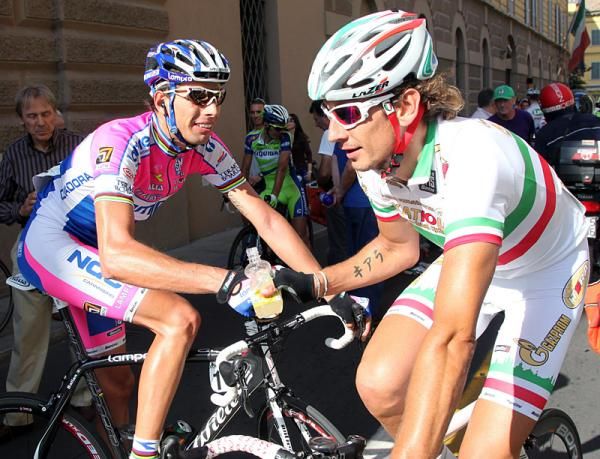 Alessandro Ballan (Lampre) congratulates race winner Filippo Pozzato (Katusha).