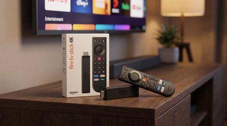 The new Amazon Fire TV Stick resting on a TV stand with a TV in the background showing the app home interface.
