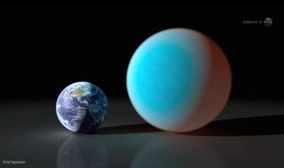An artist's impression of the alien planet 55 Cancri e (right), next to Earth (left) for size comparisons.
