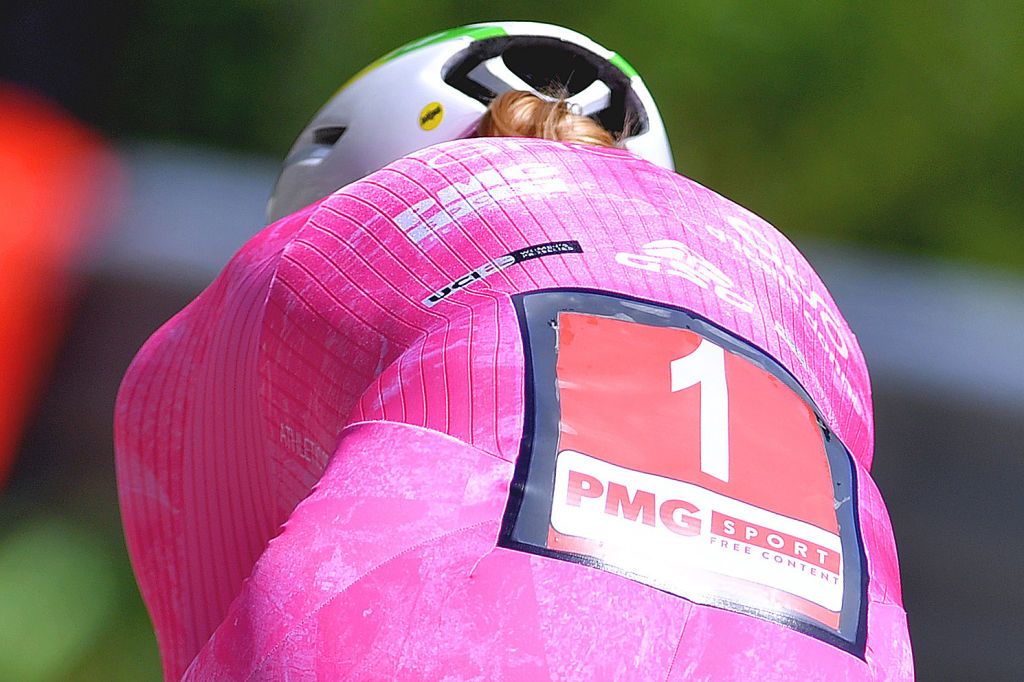 CASCATE DEL TOCE ITALY JULY 05 Anna Van Der Breggen of Netherlands and Team SD Worx Pink Leader Jersey during the 32nd Giro dItalia Internazionale Femminile 2021 Stage 4 a 112km Individual Time Trial from Fondovalle to Cascate Del Toce 1714m ITT GiroDonne UCIWWT on July 05 2021 in Cascate Del Toce Italy Photo by Luc ClaessenGetty Images