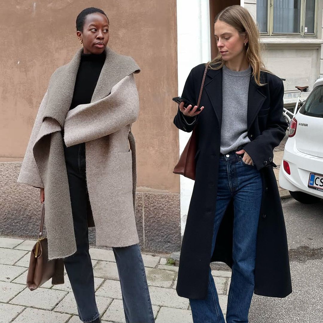 fashion collage of two European style influencers Sylvie Mus and Clara Dyrhauge wearing 2026 outfits with chic coats, sweaters, and jeans 