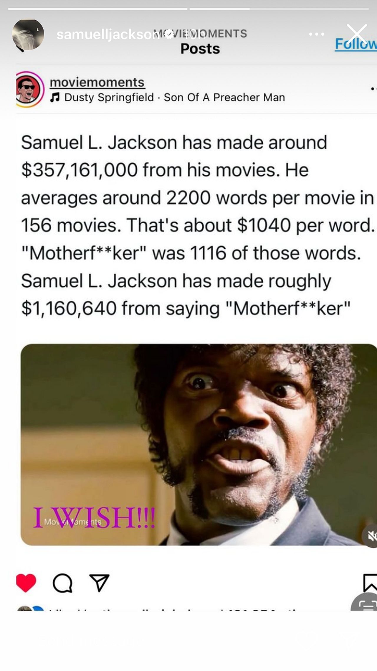 Samuel L. Jackson responding in Instagram Stories