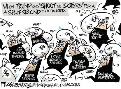Editorial Cartoon U.S. Trump looters shooters big business greed