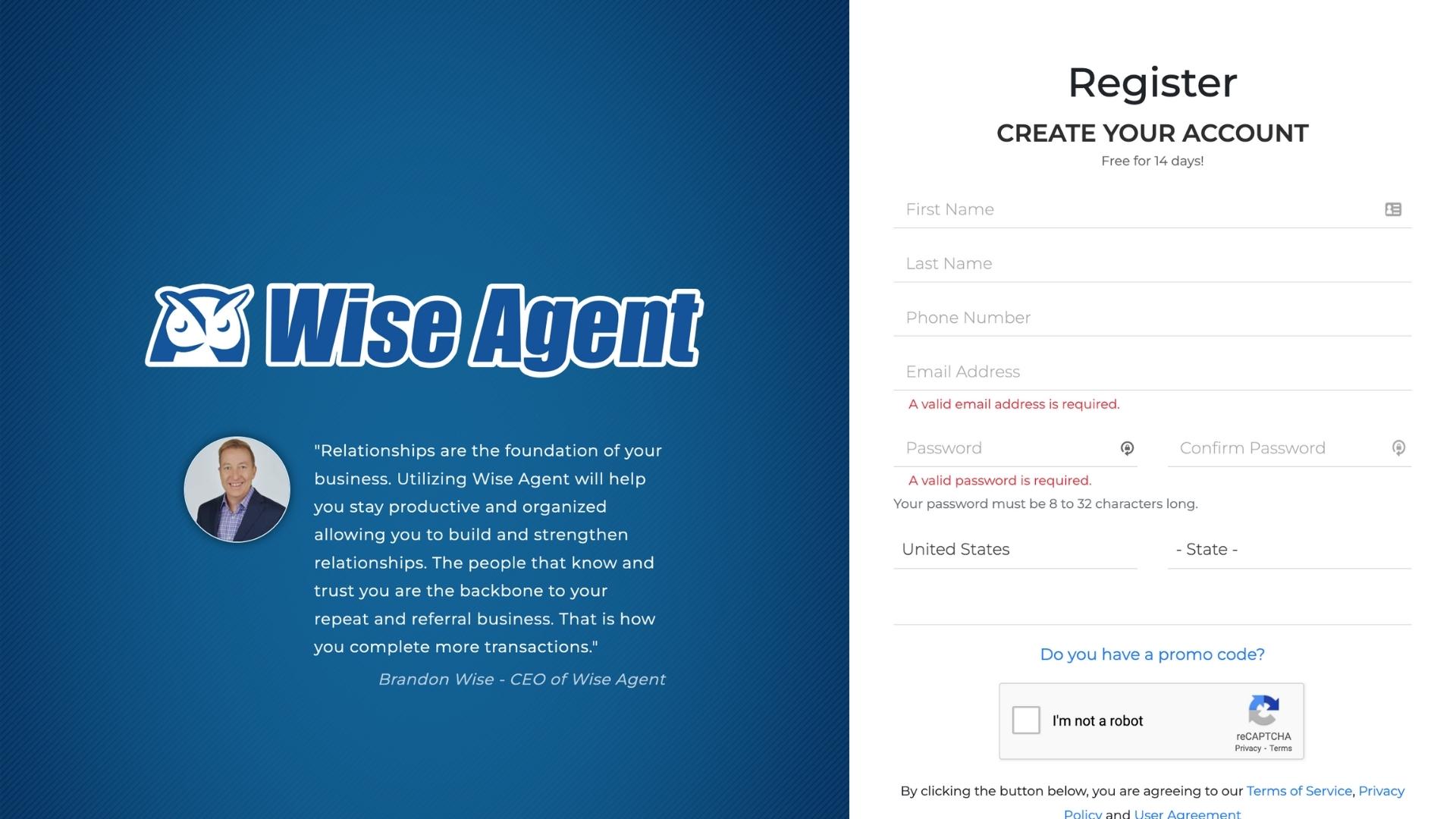 Wise Agent account set-up screen