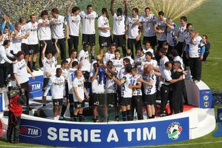 Inter players celebrate their Scudetto win in May 2010.